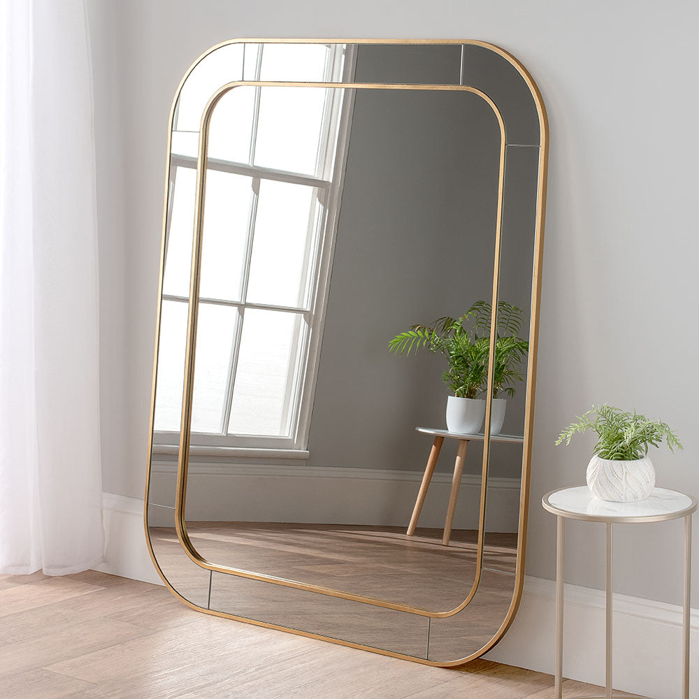 Gold rectangular curved edge minimal frame glass mirror