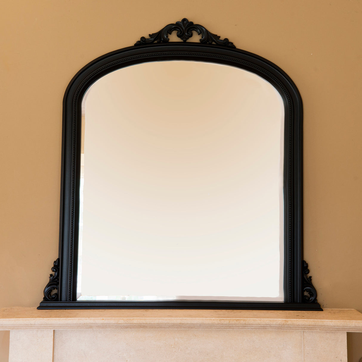 Black decorative frame arched beveled edge glass mirror