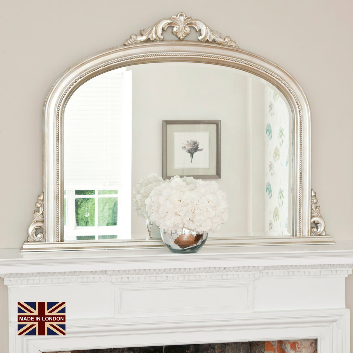 Antiqued silver decorative frame arched beveled glass mirror