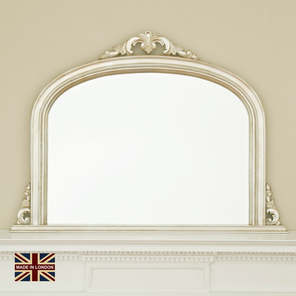 Antiqued silver decorative frame arched beveled glass mirror
