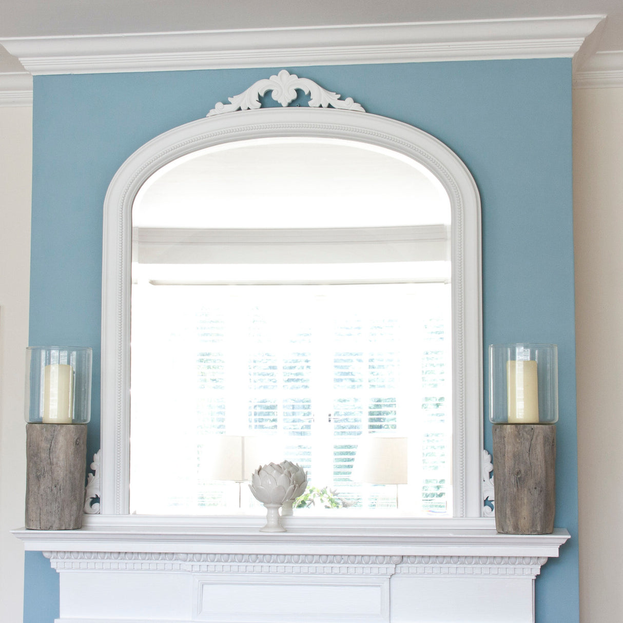White decorative frame arched beveled edge glass mirror