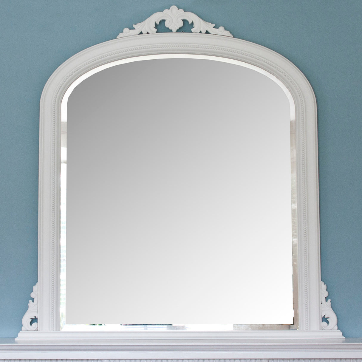 White decorative frame arched beveled edge glass mirror