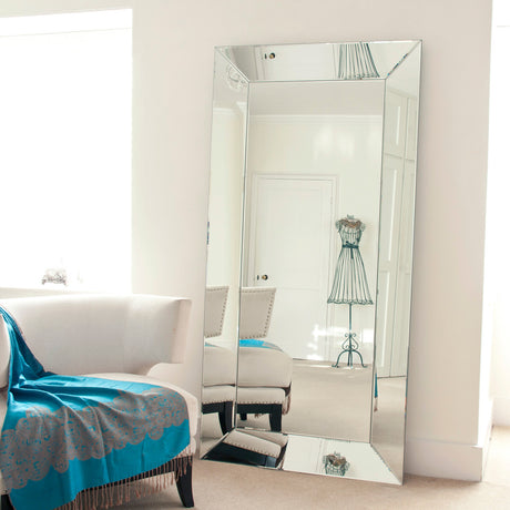 Rectangular frameless beveled edge angled tray full length glass mirror
