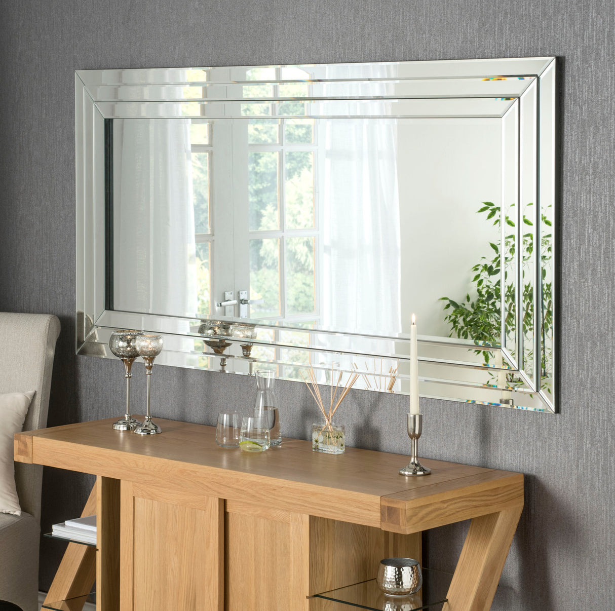 Frameless rectangular overlapping beveled edge glass mirror