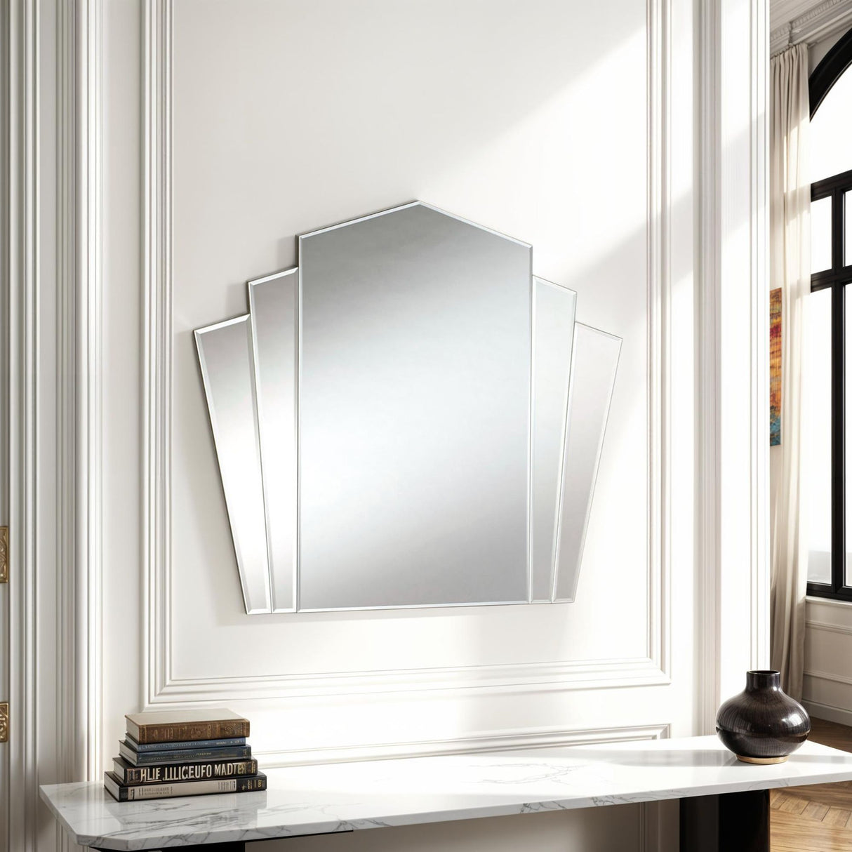 art deco mantle bevelled fan mirror