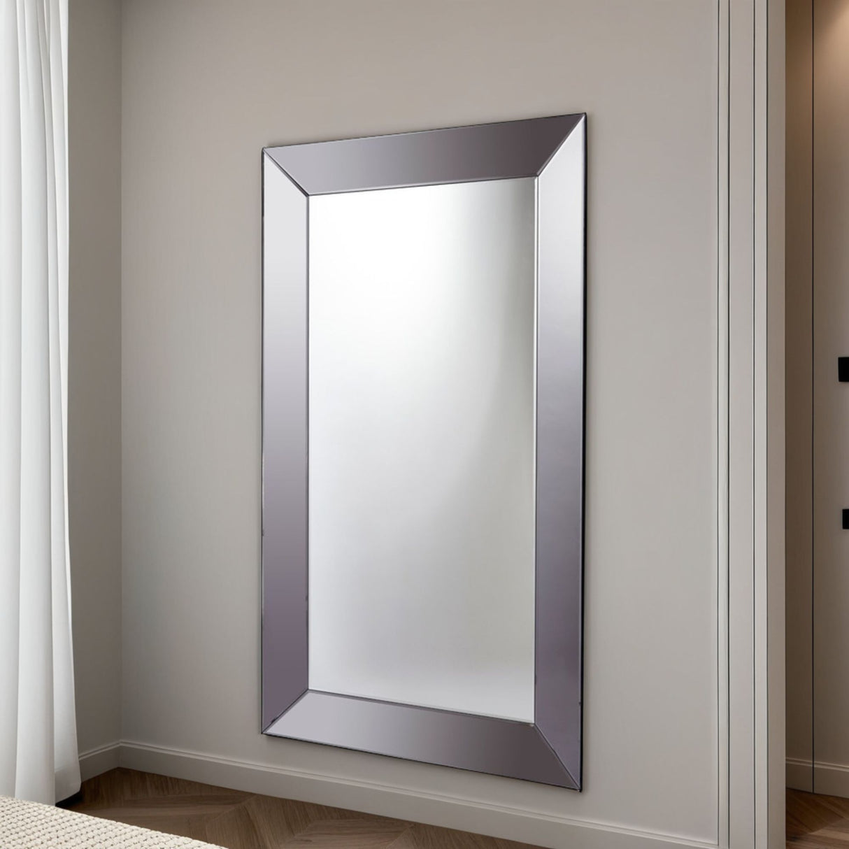 Rectangular grey smoked frame angled full length glass wall mirror