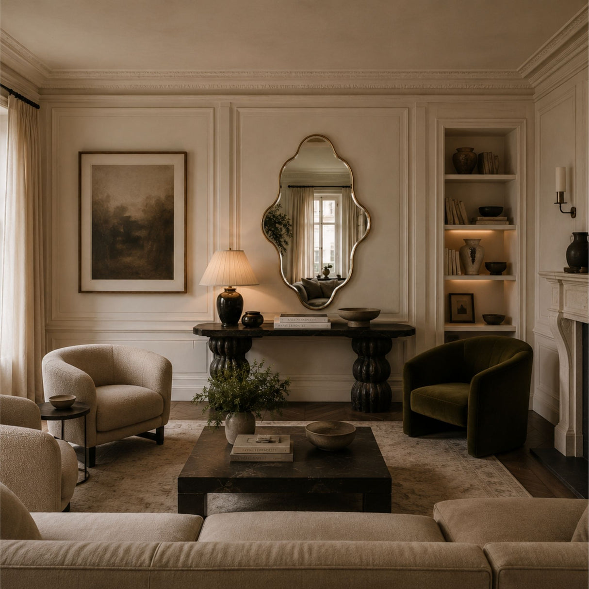 A styled living room interior with cream upholstered seating, a dark wood coffee table, a green velvet armchair, a console table with an ornate mirror, built-in shelving, and warm ambient lighting.