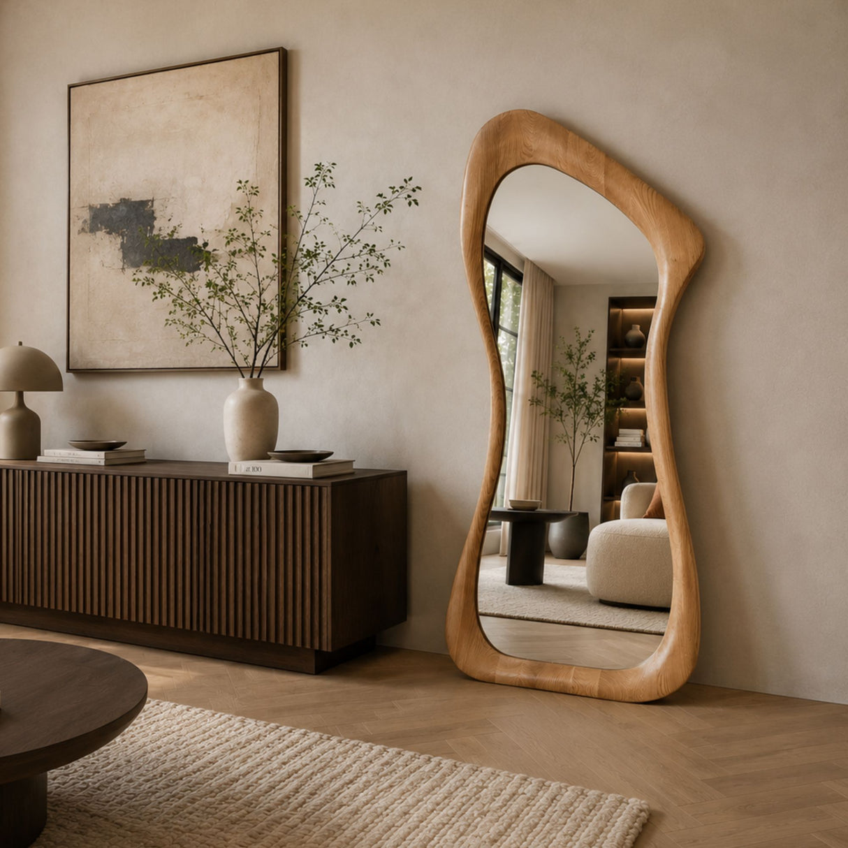 An organic-shaped floor mirror with a natural light wood frame stands in a modern, neutral-toned living room next to a dark wood credenza and a large abstract painting.