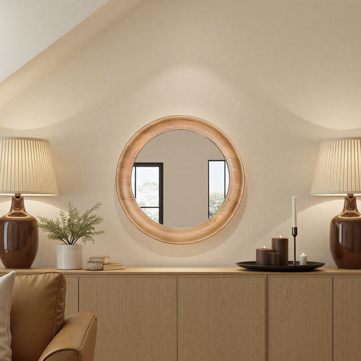 Round wooden mirror on a wall above a wooden console table with decor items.
