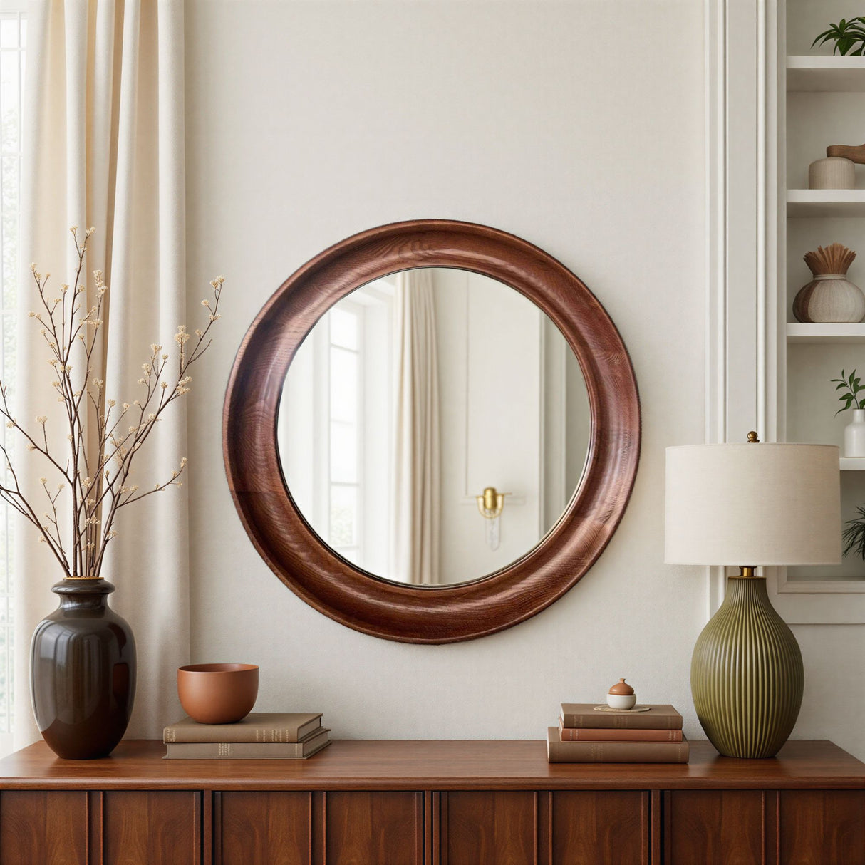 Round wooden mirror on a wall above a wooden console table with decorative items.
