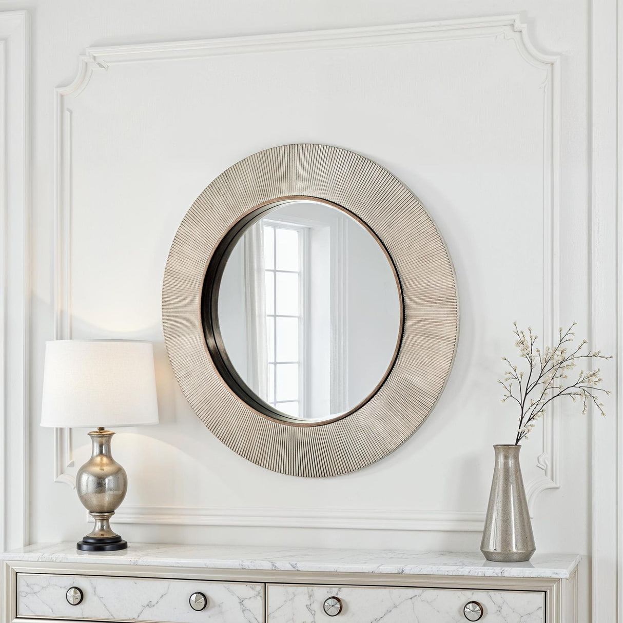 ribbed large round silver mirror