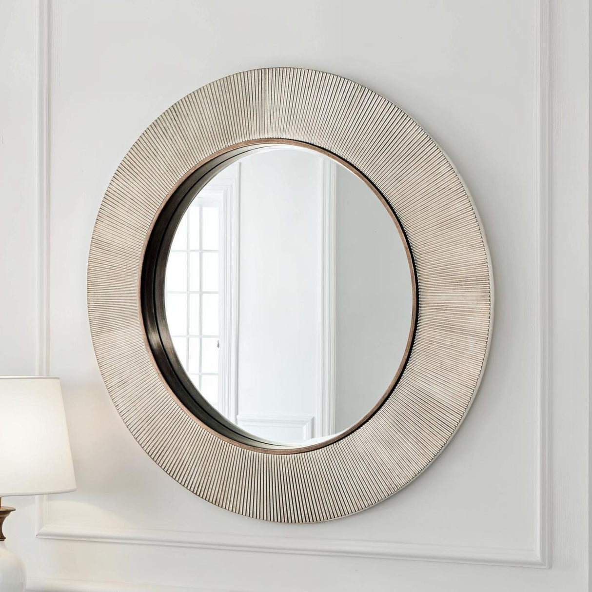 ribbed large round silver mirror