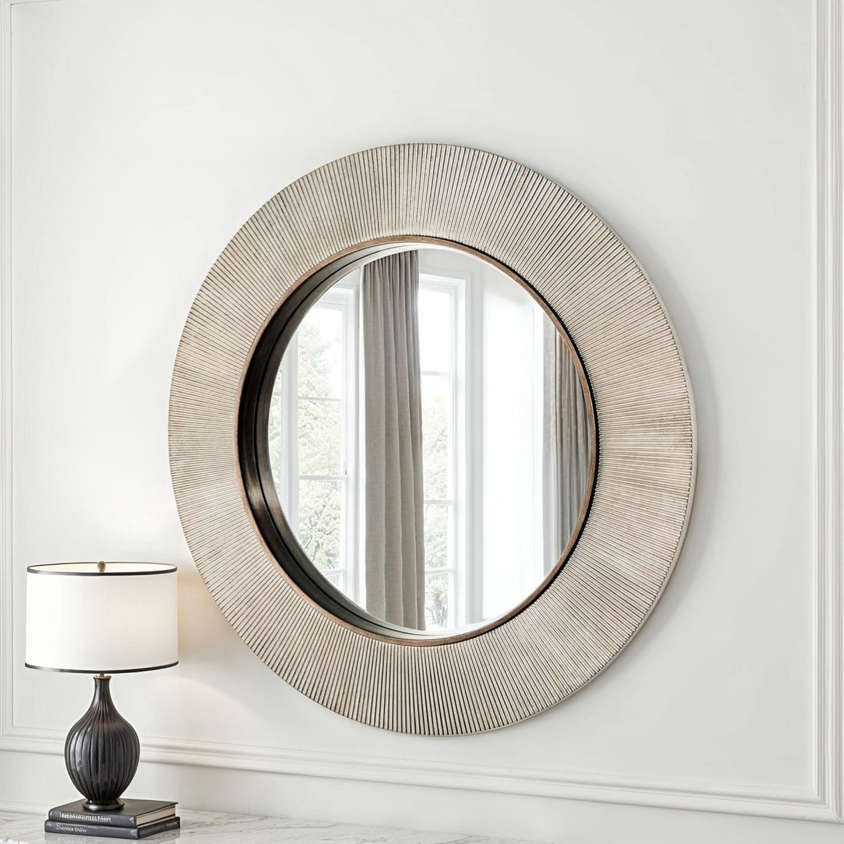 ribbed large round silver mirror