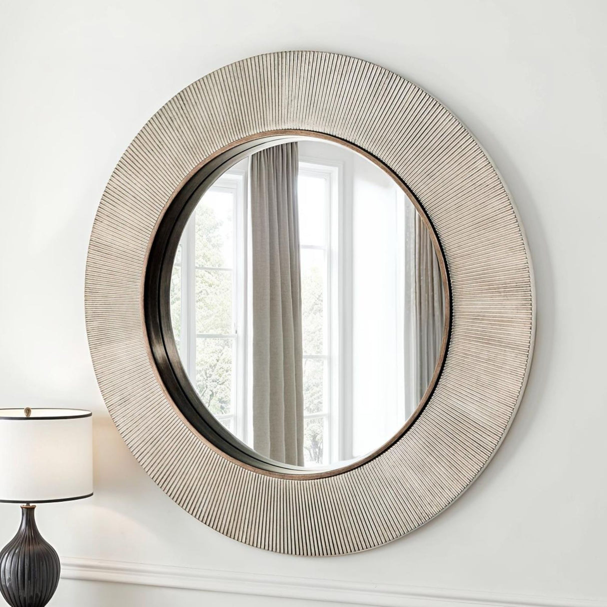 ribbed large round silver mirror