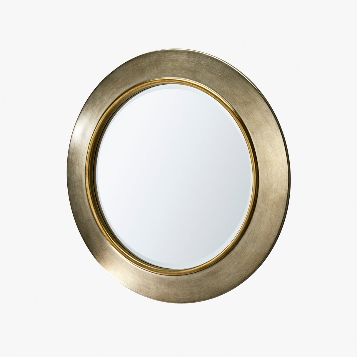 Large round contemporary circular mirror pewter with Gold trim bevelled