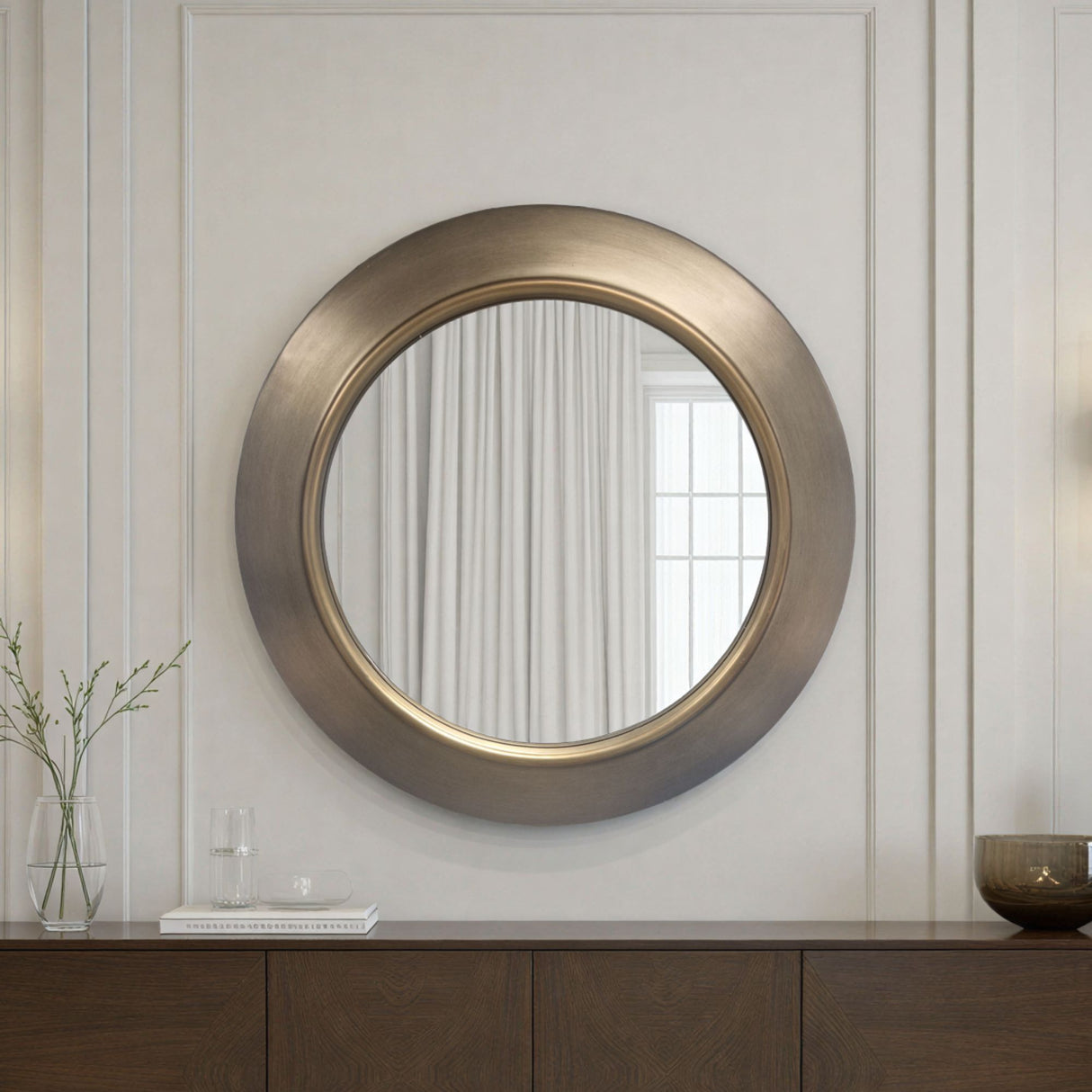 Round metallic silver and gold mirror