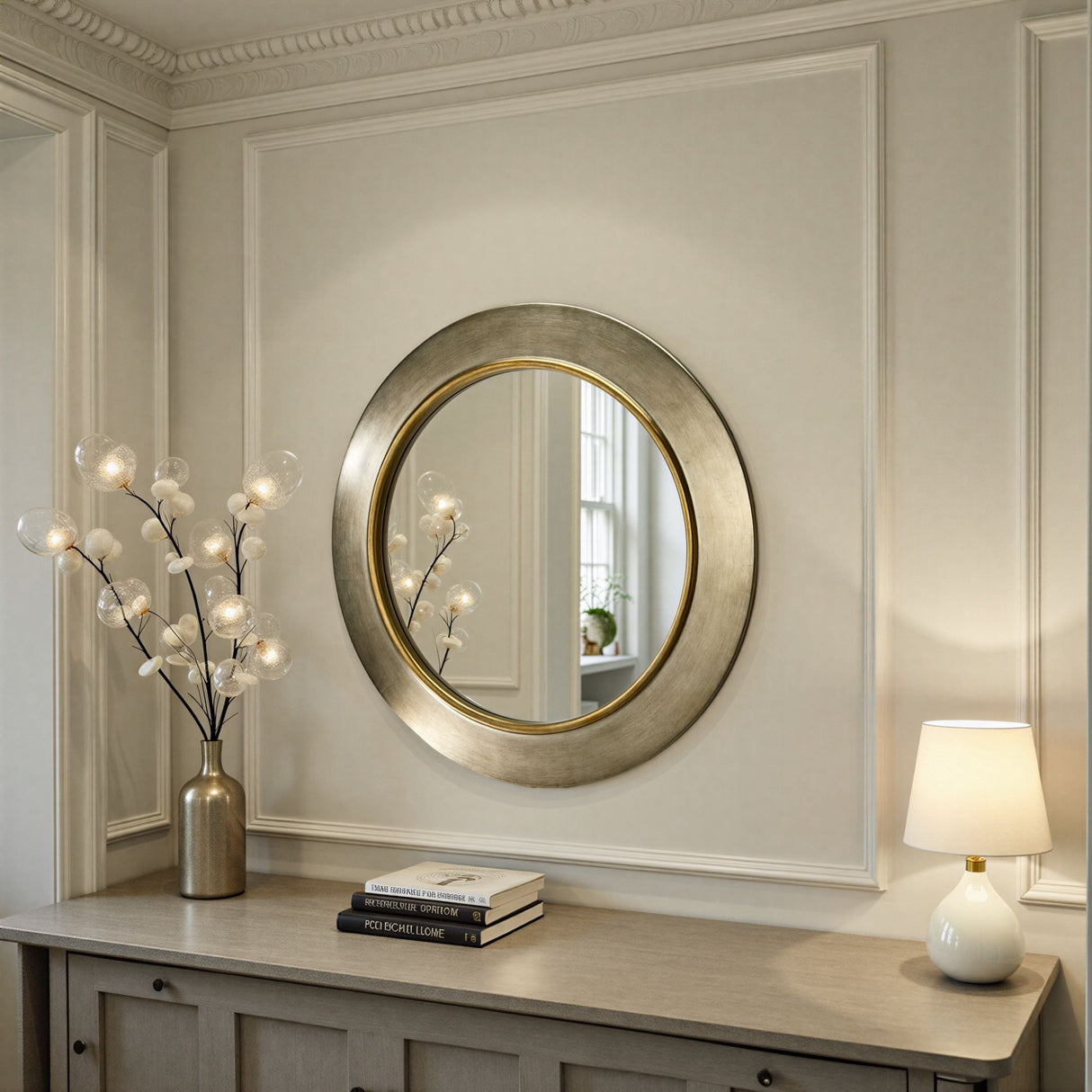 Large round contemporary circular mirror pewter with Gold trim bevelled