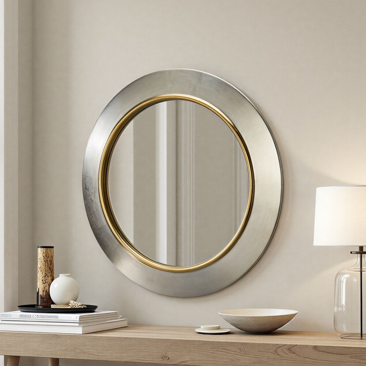 Large round contemporary circular mirror silver with Gold trim bevelled