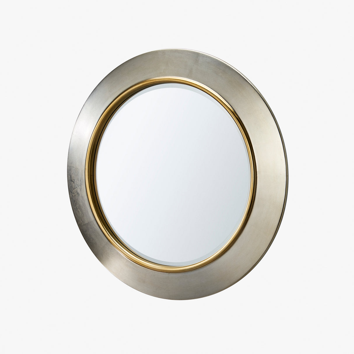 Large round contemporary circular mirror silver with Gold trim bevelled