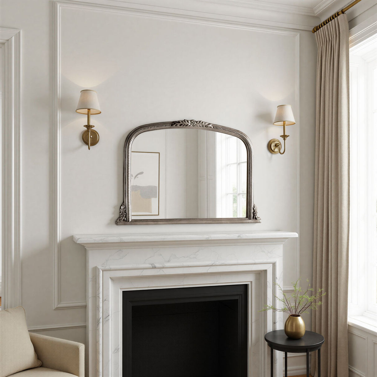 Beaded overmantle mirror silver