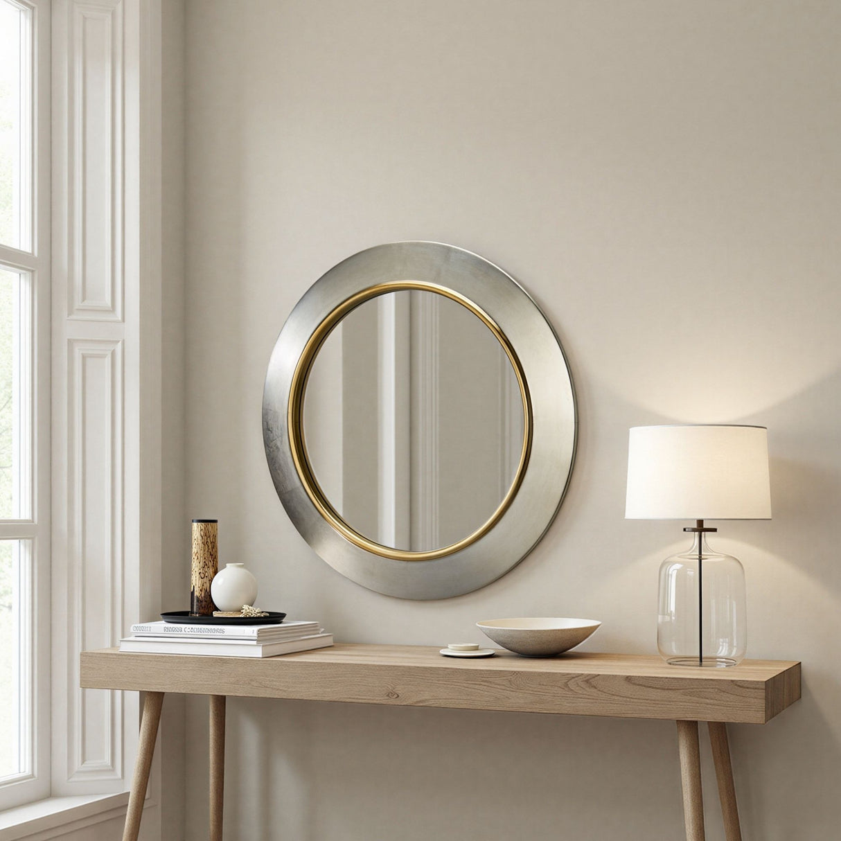 Large round contemporary circular mirror silver with Gold trim bevelled