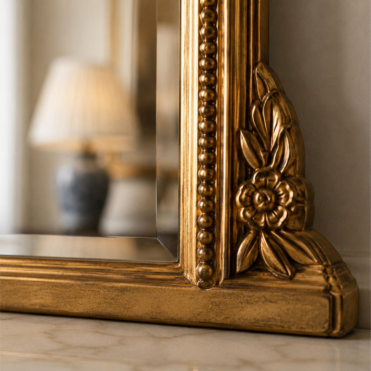 Ava Gold Beaded Overmantle Mirror Bevelled