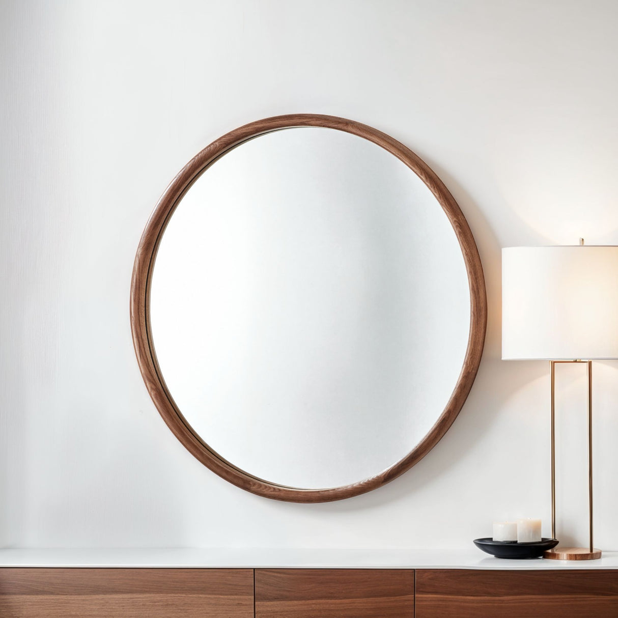 Round walnut wood mirror