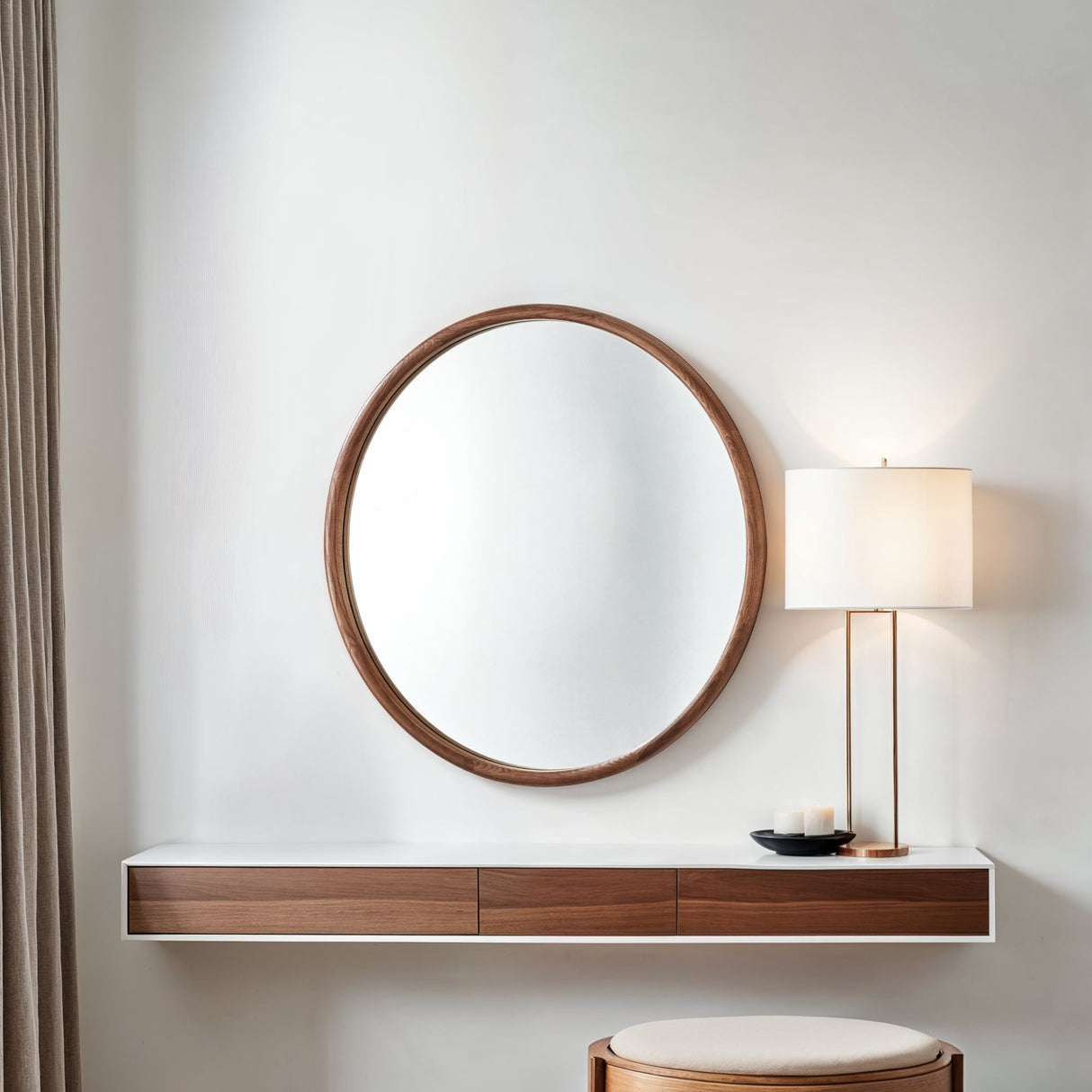 Round walnut wood mirror