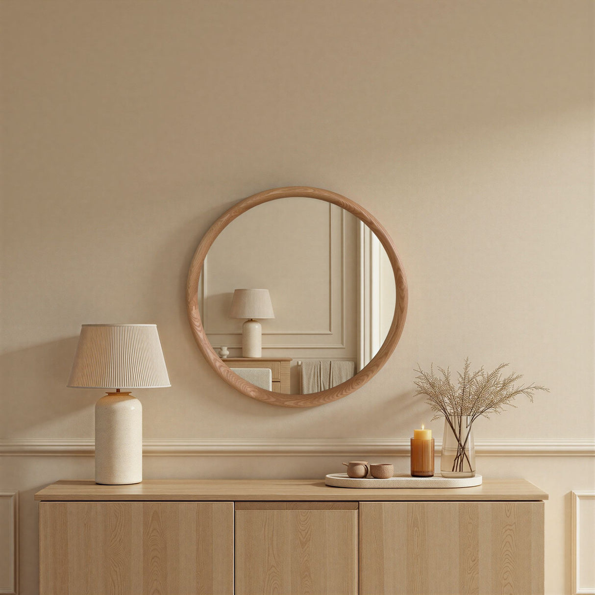Oak round wall mirror