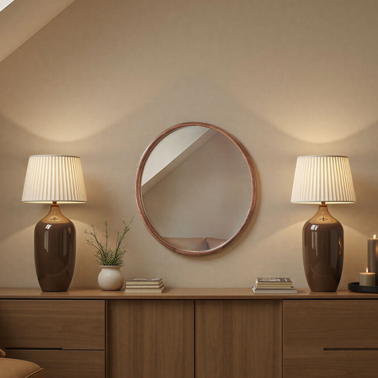 warm wood round mirror
