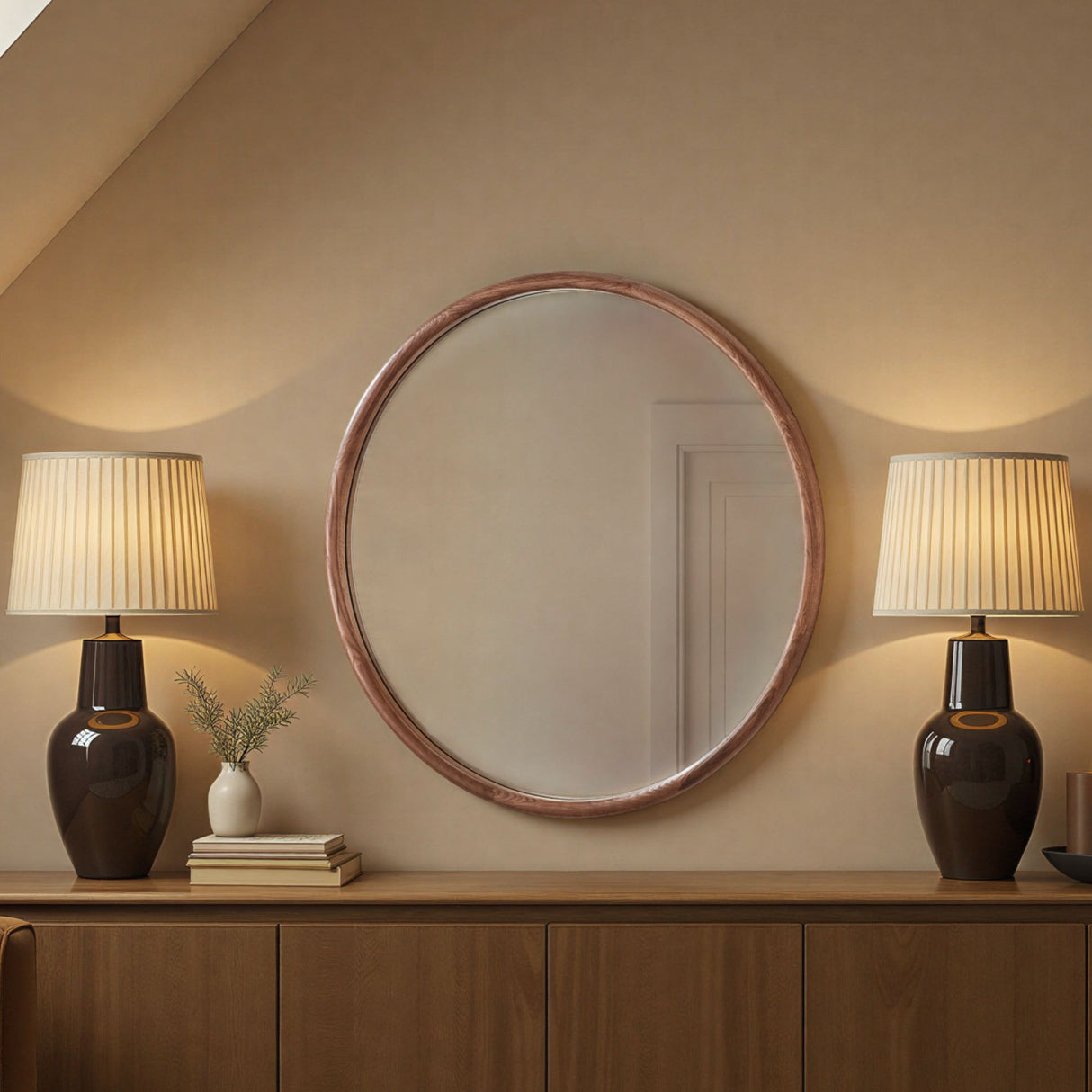 warm wood round mirror