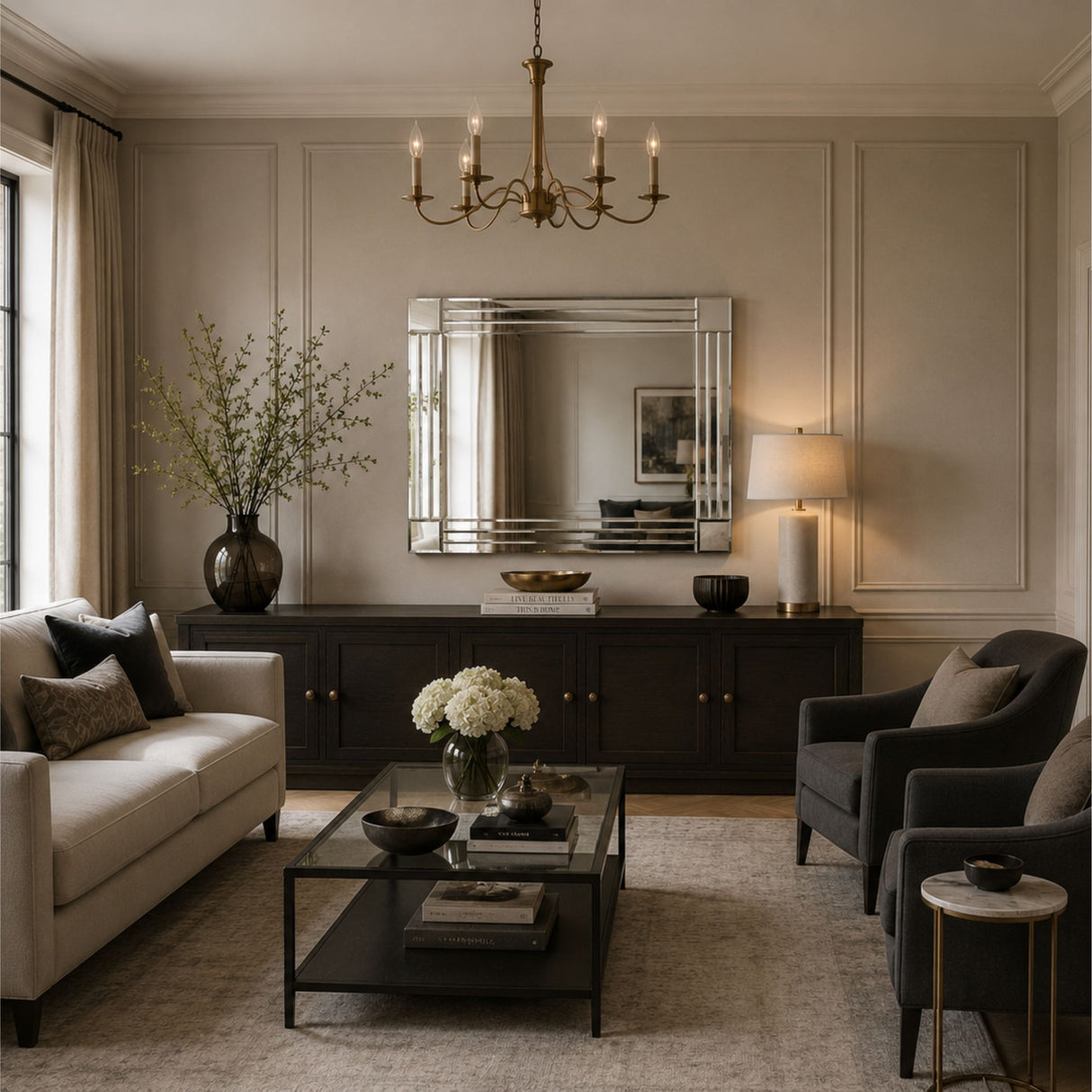 A styled living room interior with a cream sofa, dark wood console, mirrored wall mirror, brass chandelier, two gray armchairs, a glass coffee table, and a warm lit lamp.