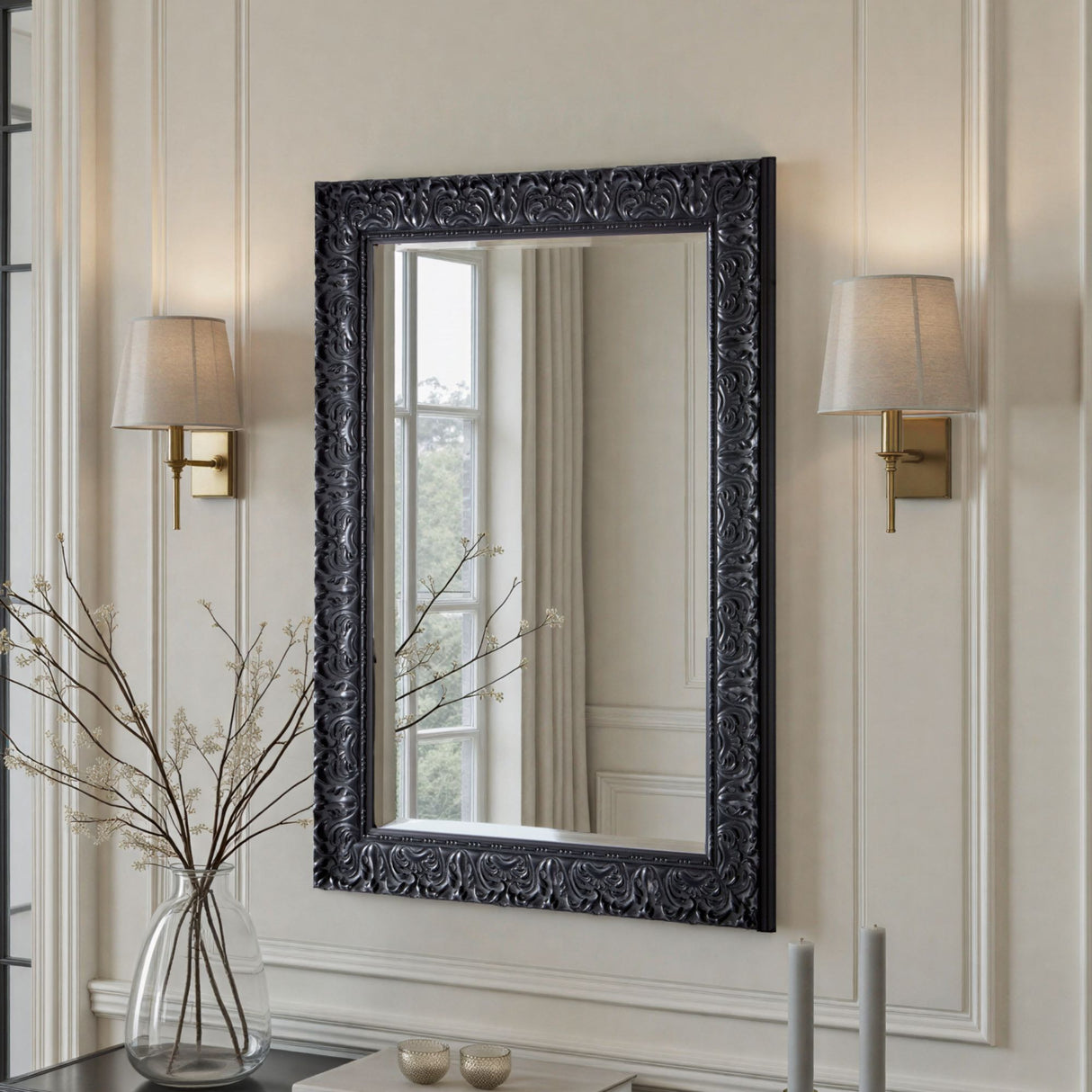 Carved Aged Black Framed Wall Mirror