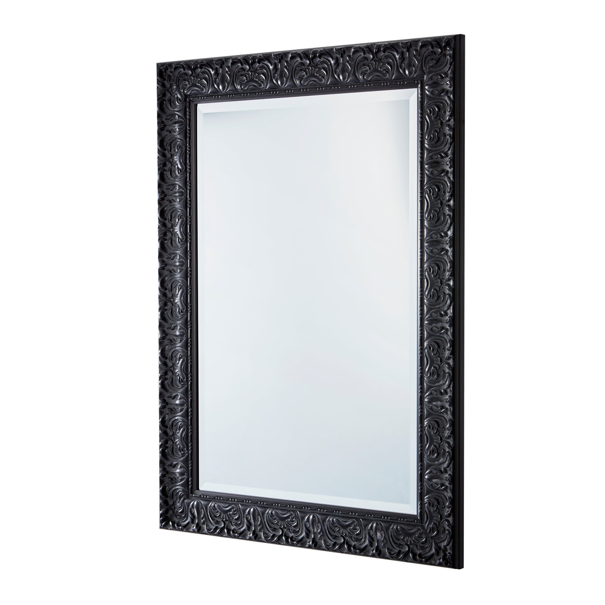 Decorative black framed mirror on a white background