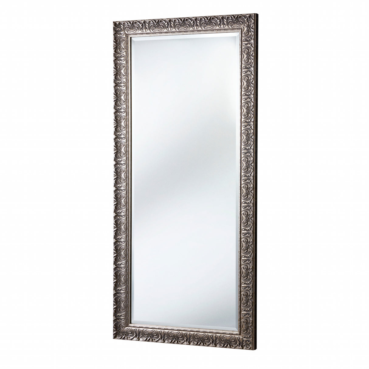 Decorative floor mirror with ornate silver frame on a white background