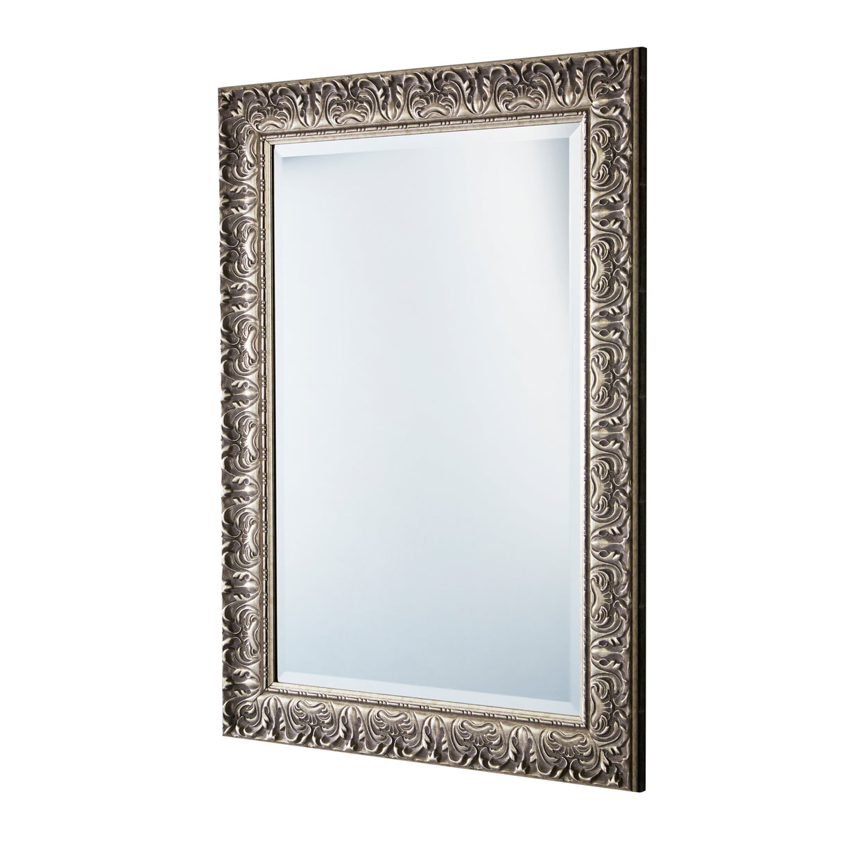 Decorative mirror with an ornate silver frame on a white background