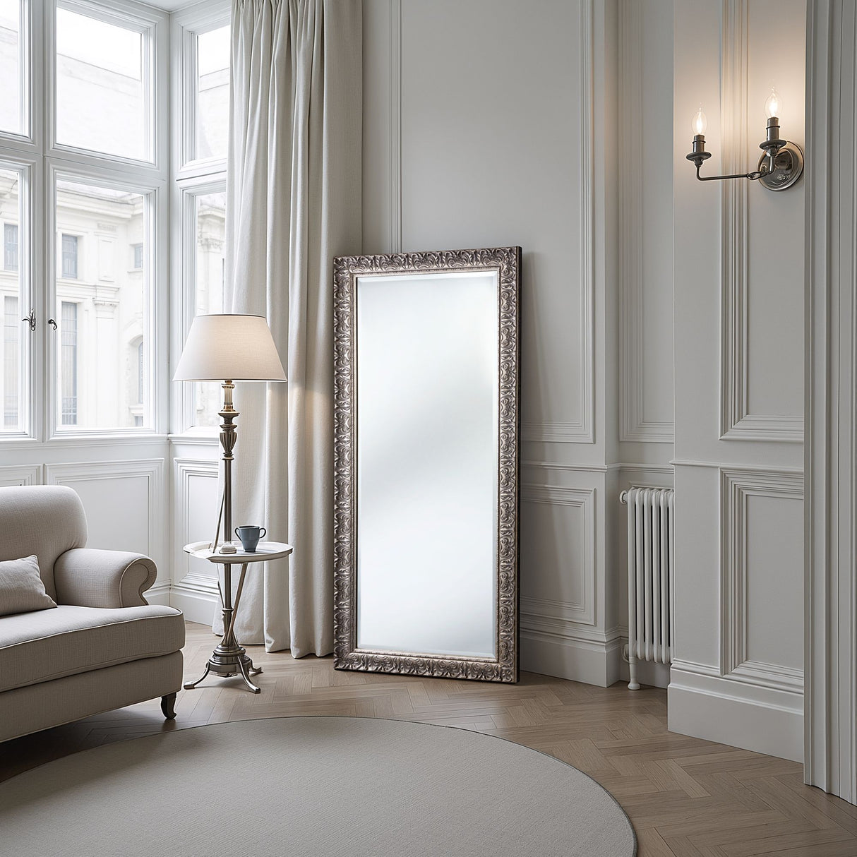 Decorative mirror in a stylish living room with a sofa and lamp.