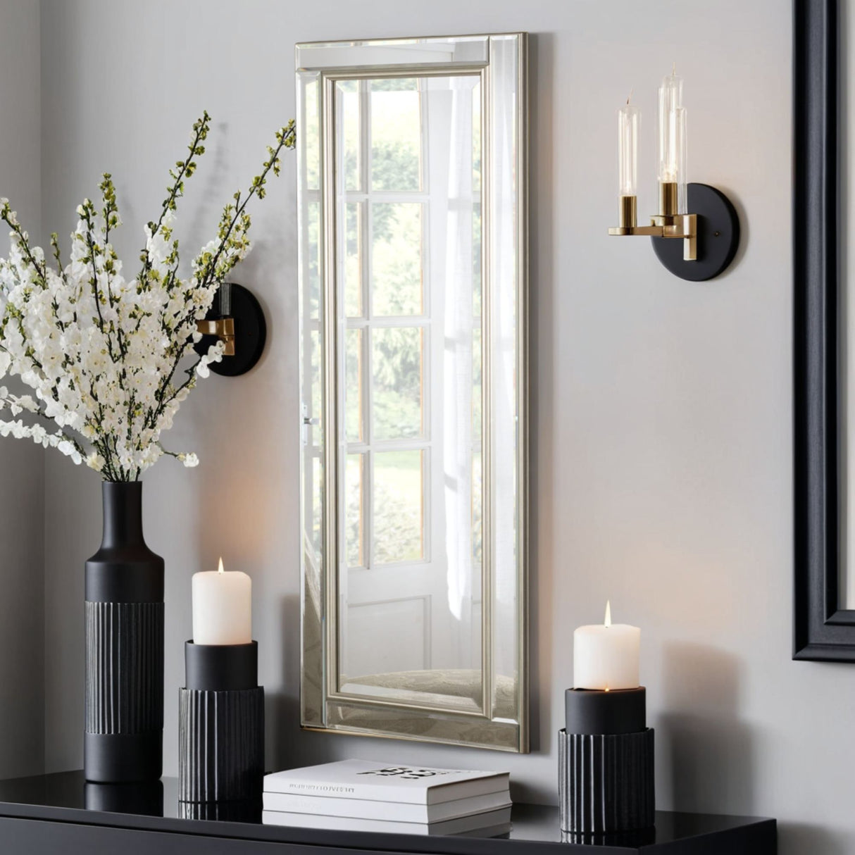 Silver rectangular frame beveled edge glass mirror