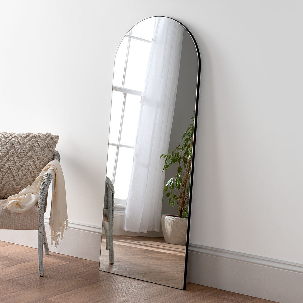 Black minimal frame arched full length glass mirror