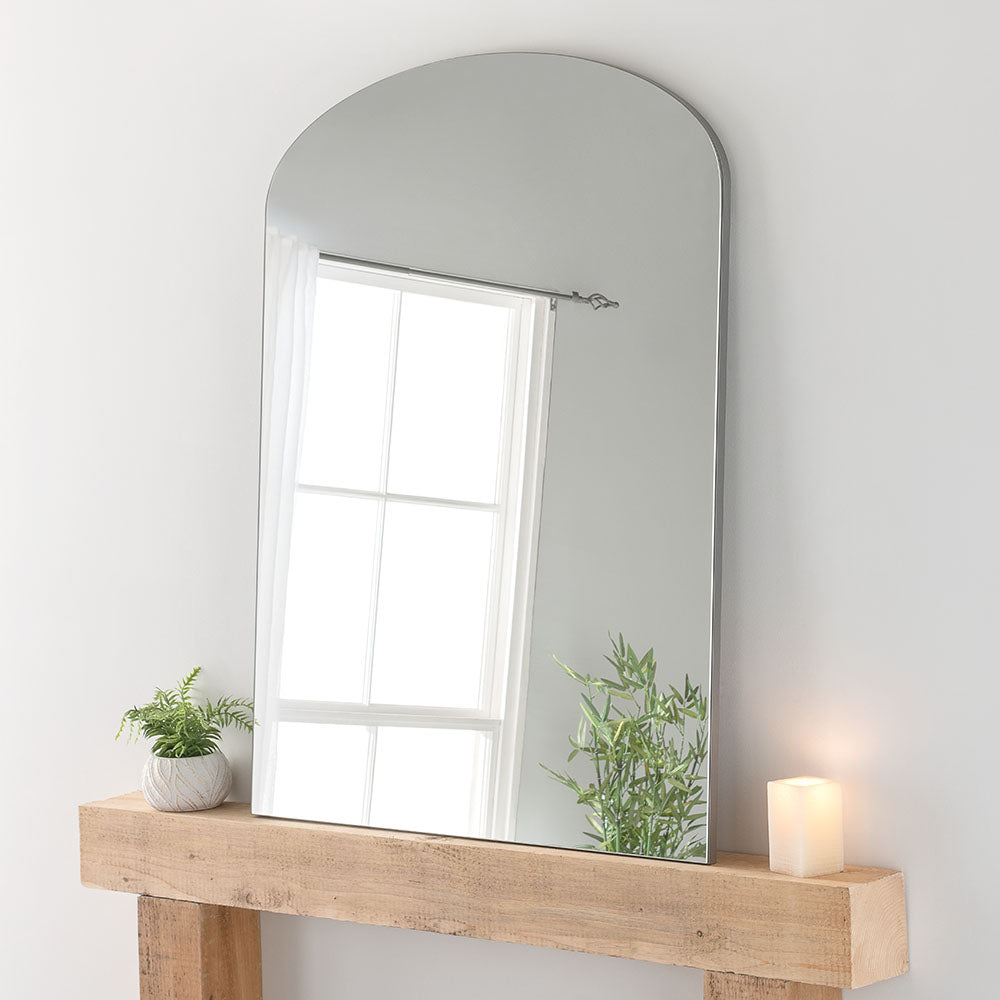 Silver tall minimal frame arched glass mirror
