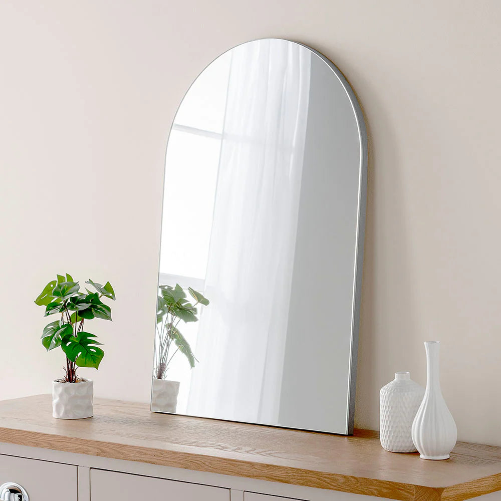 Silver minimal frame arched glass mirror