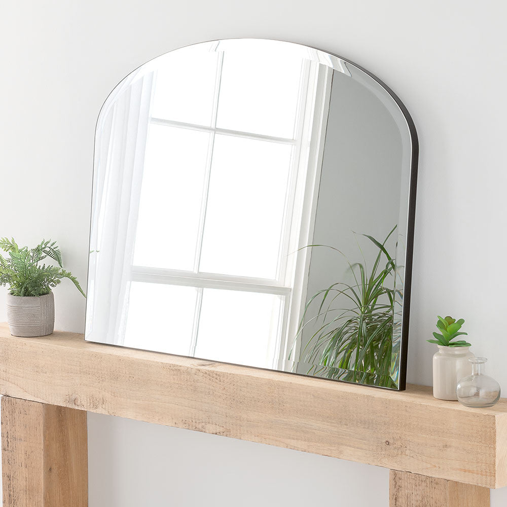 Black minimal frame arched beveled edge glass mirror