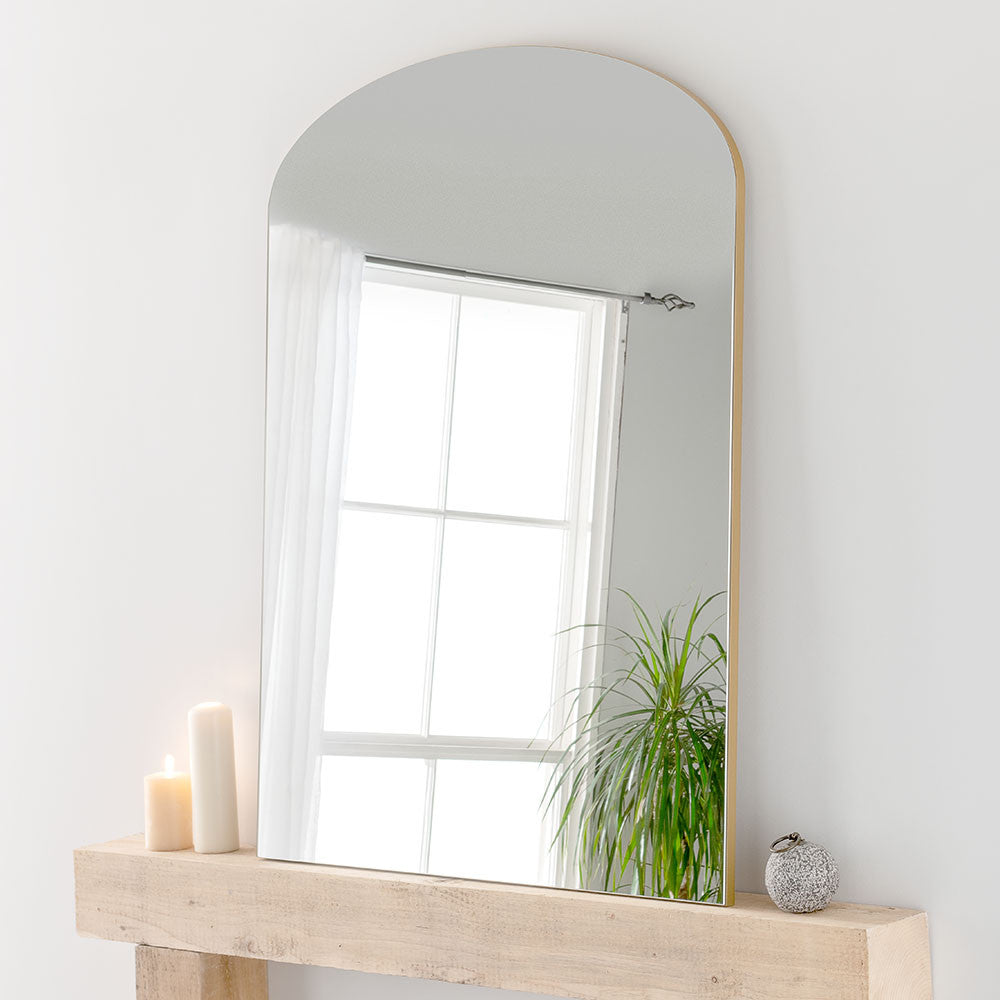 Gold tall minimal frame arched glass mirror