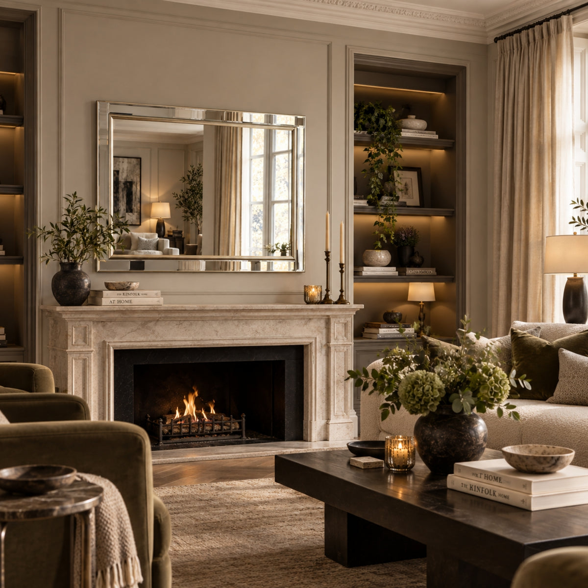 A styled living room featuring a white marble fireplace mantel with a large rectangular mirror, a lit gas fireplace, built-in shelving with plants and decor, upholstered armchairs, and a dark wood coffee table with floral arrangements.