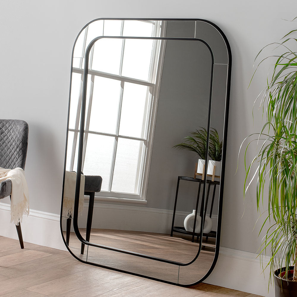 Black rectangular curved edge minimal frame glass mirror