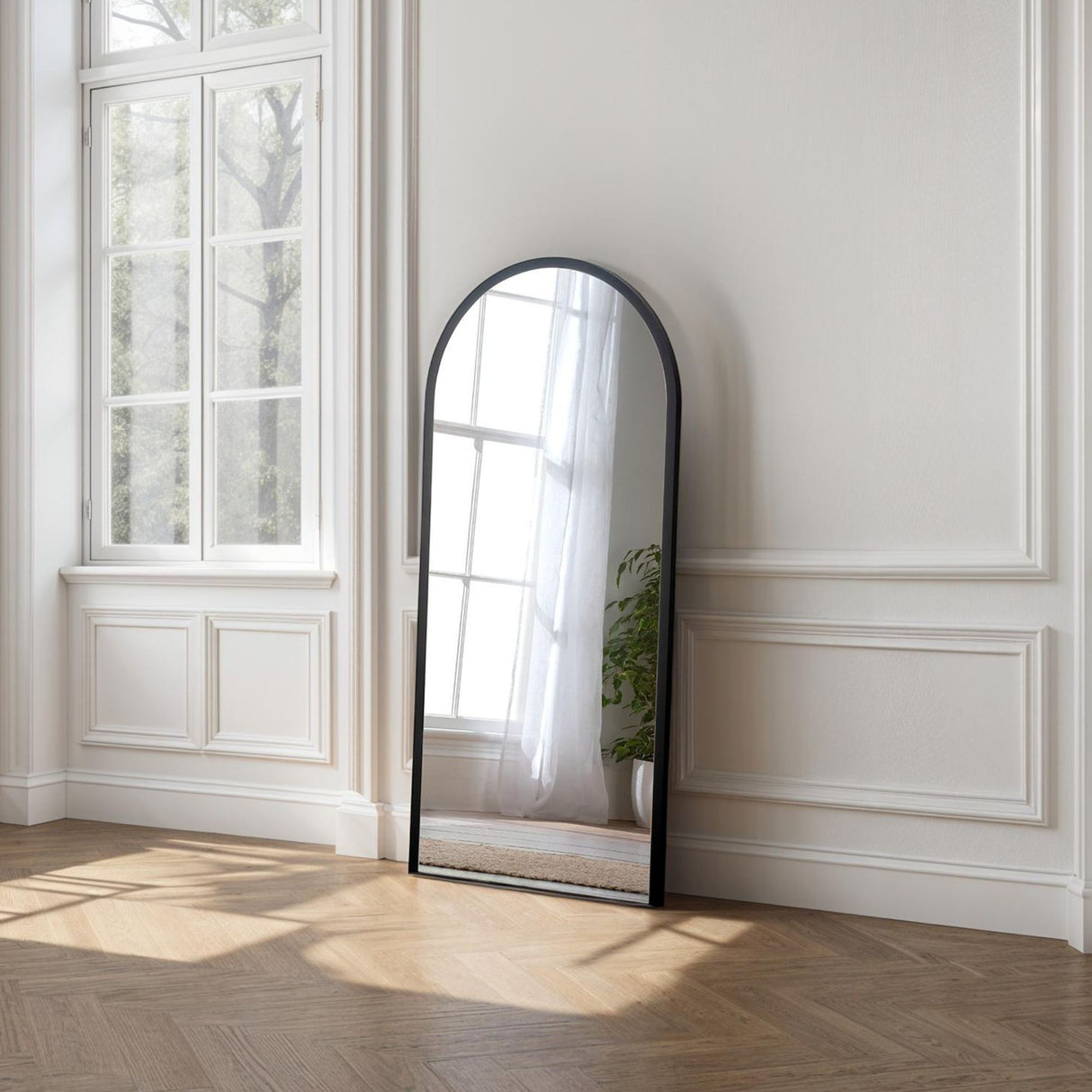 simple black arched full length mirror