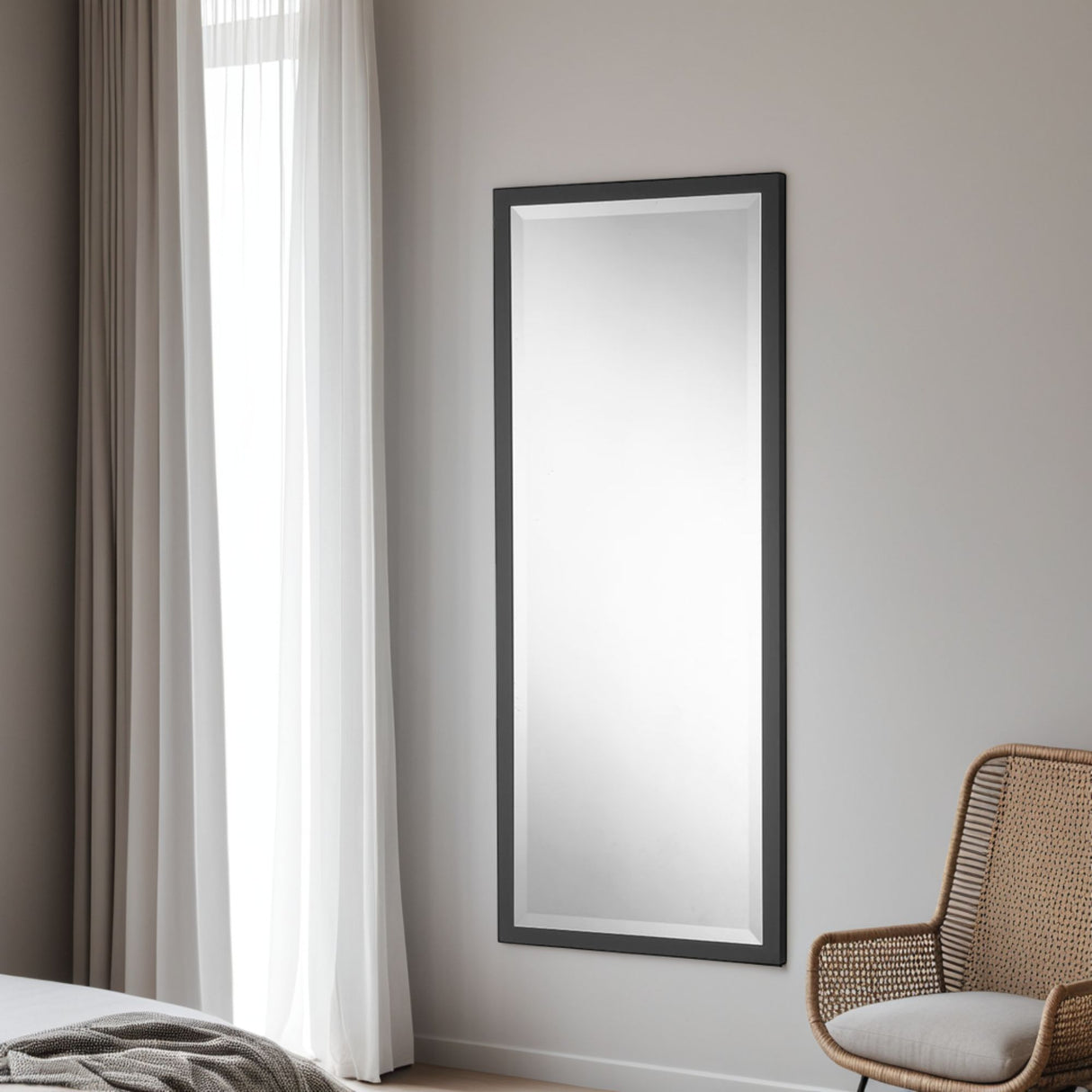 Tall rectangular frame black beveled edge glass mirror