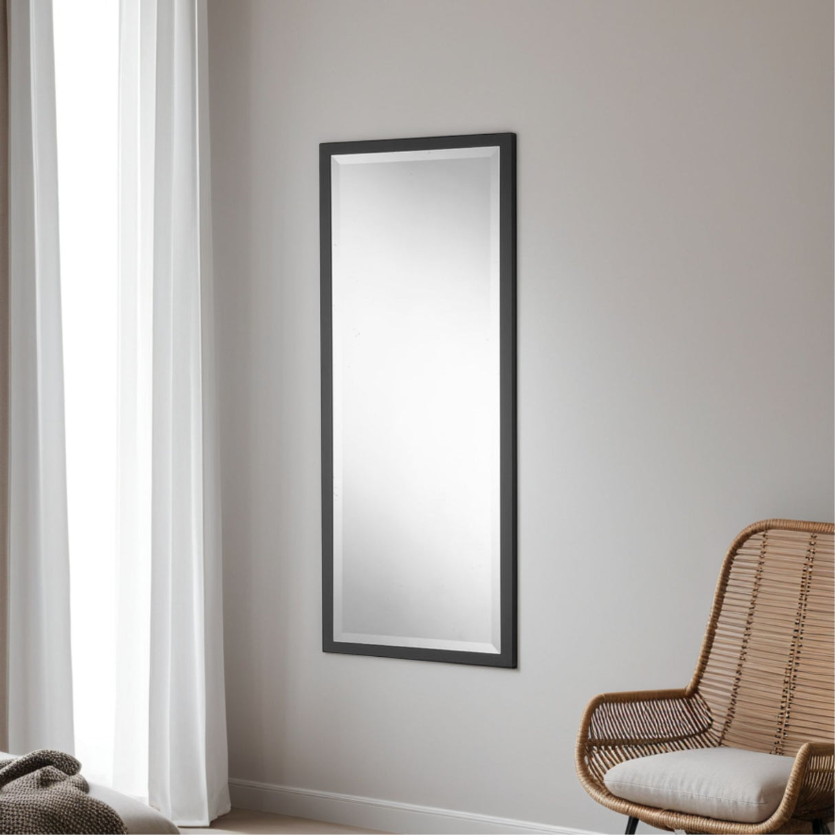 Tall rectangular frame black beveled edge glass mirror