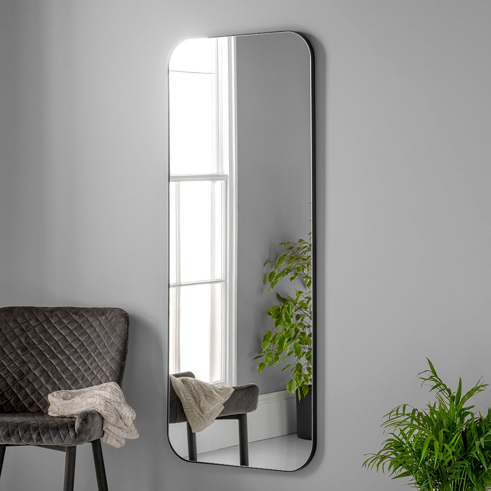 Rectangular curved corner frame minimal black full length glass mirror