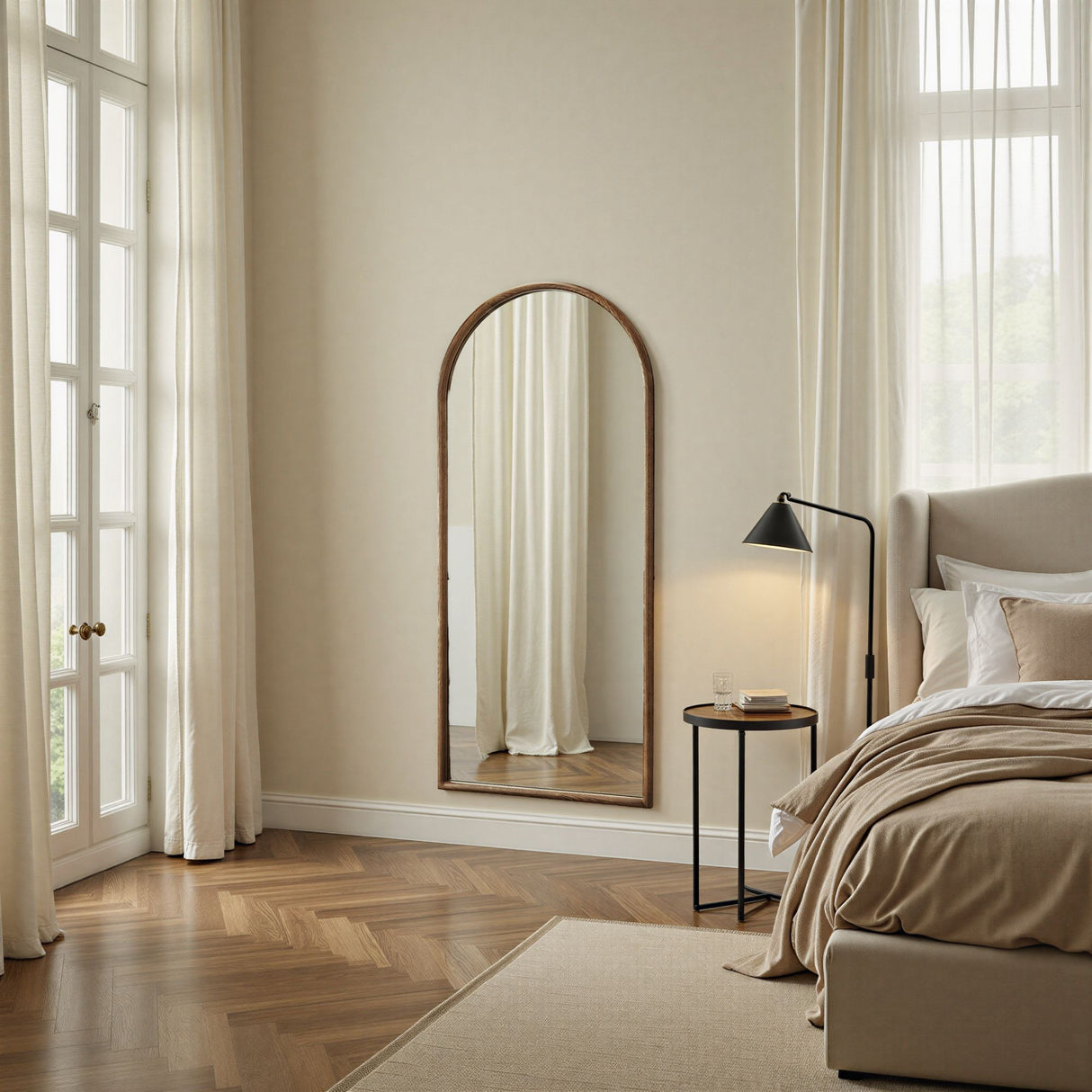 warm wood leaner arch mirror